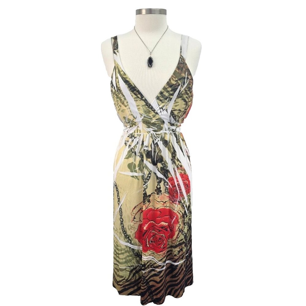 Caron Sport Dress Womens Size 3X Green‎ Floral Sleeveless V-Neck Tie Back Fairy